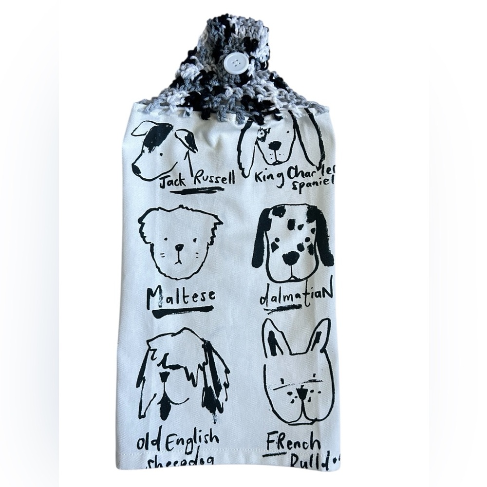 Hand Crafted Black & White Dog Print Hanging Kitchen Hand Towel